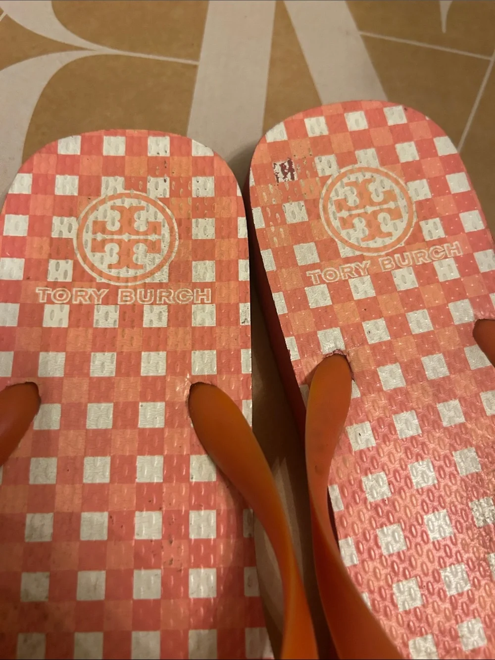 Tory Burch Coral-Orange gingham Flip Flops